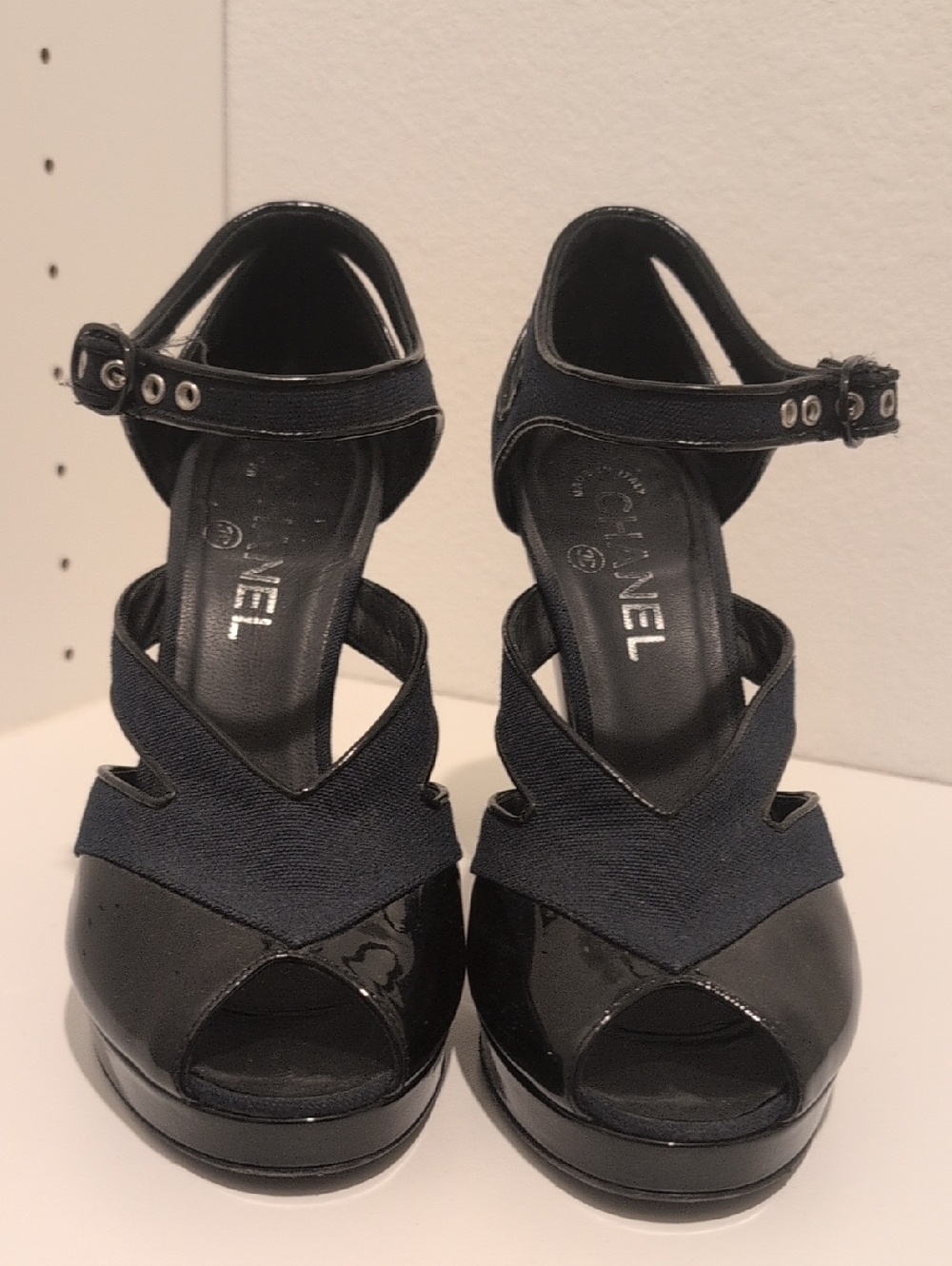 CHANEL Black Patent & Denim Crisscross Peep-Toe Ankle-Strap Heels - Picture 2 of 6